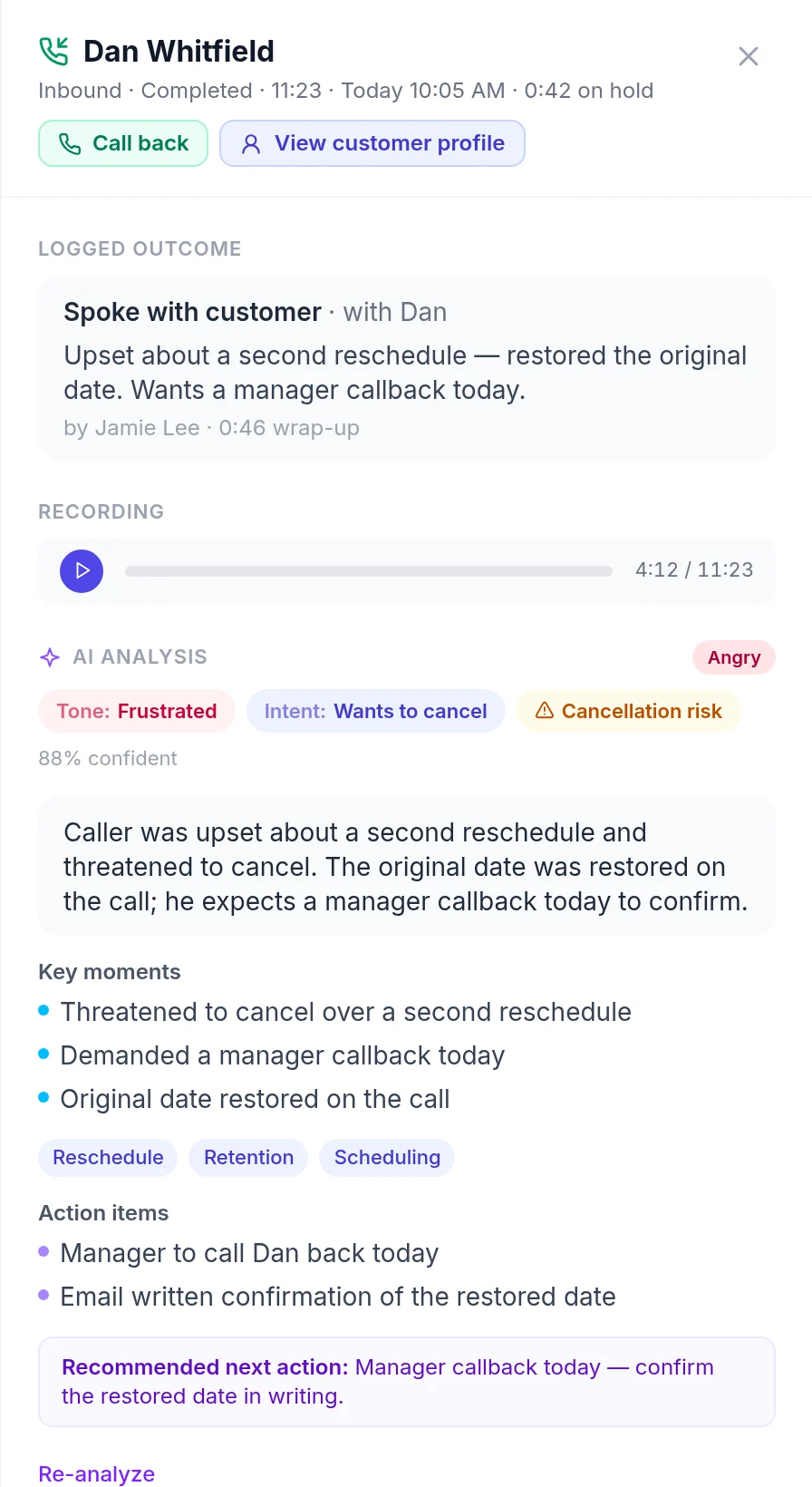 AI analysis of a call — tone, intent, cancellation risk, key moments and next action