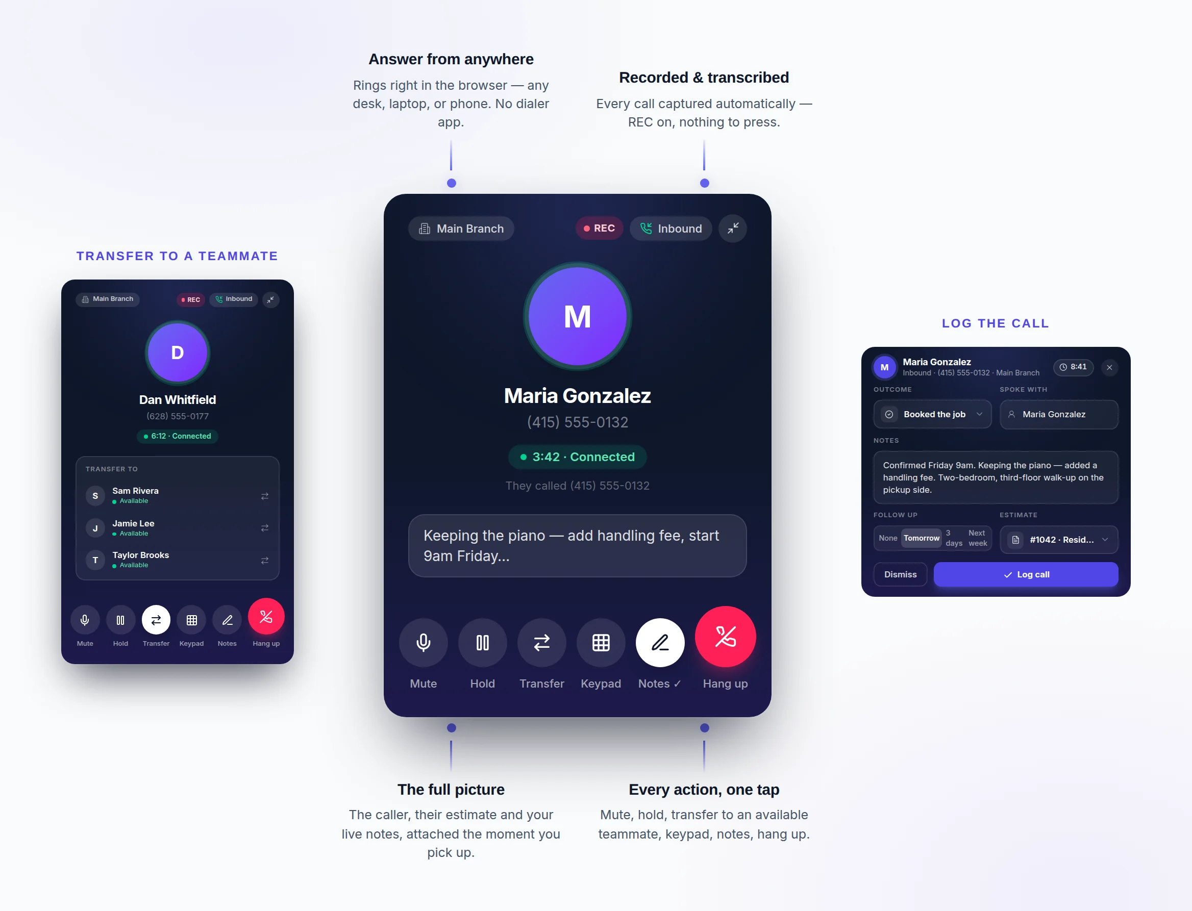 Built-in calling — an inbound call answered in the browser, with transfer-to-teammate and log-the-call panels