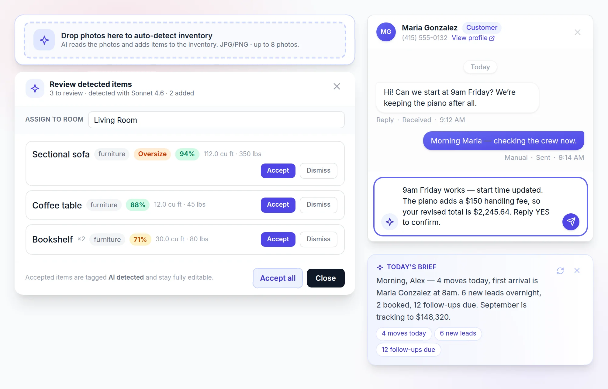 AI on every screen — inventory detected from photos, an AI-drafted reply to a customer text, and Today's brief