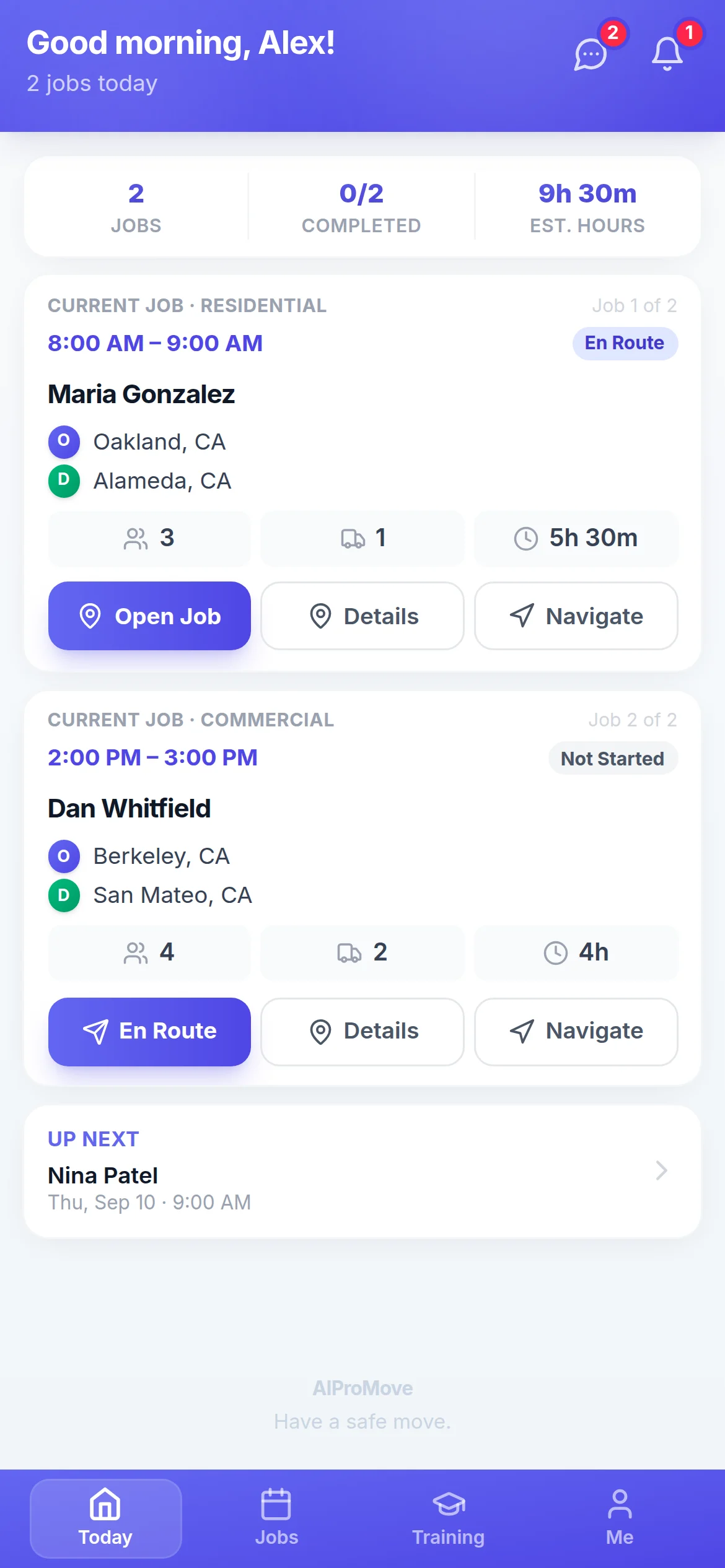 Crew app — today's jobs, crew and truck counts, Open Job and Navigate buttons