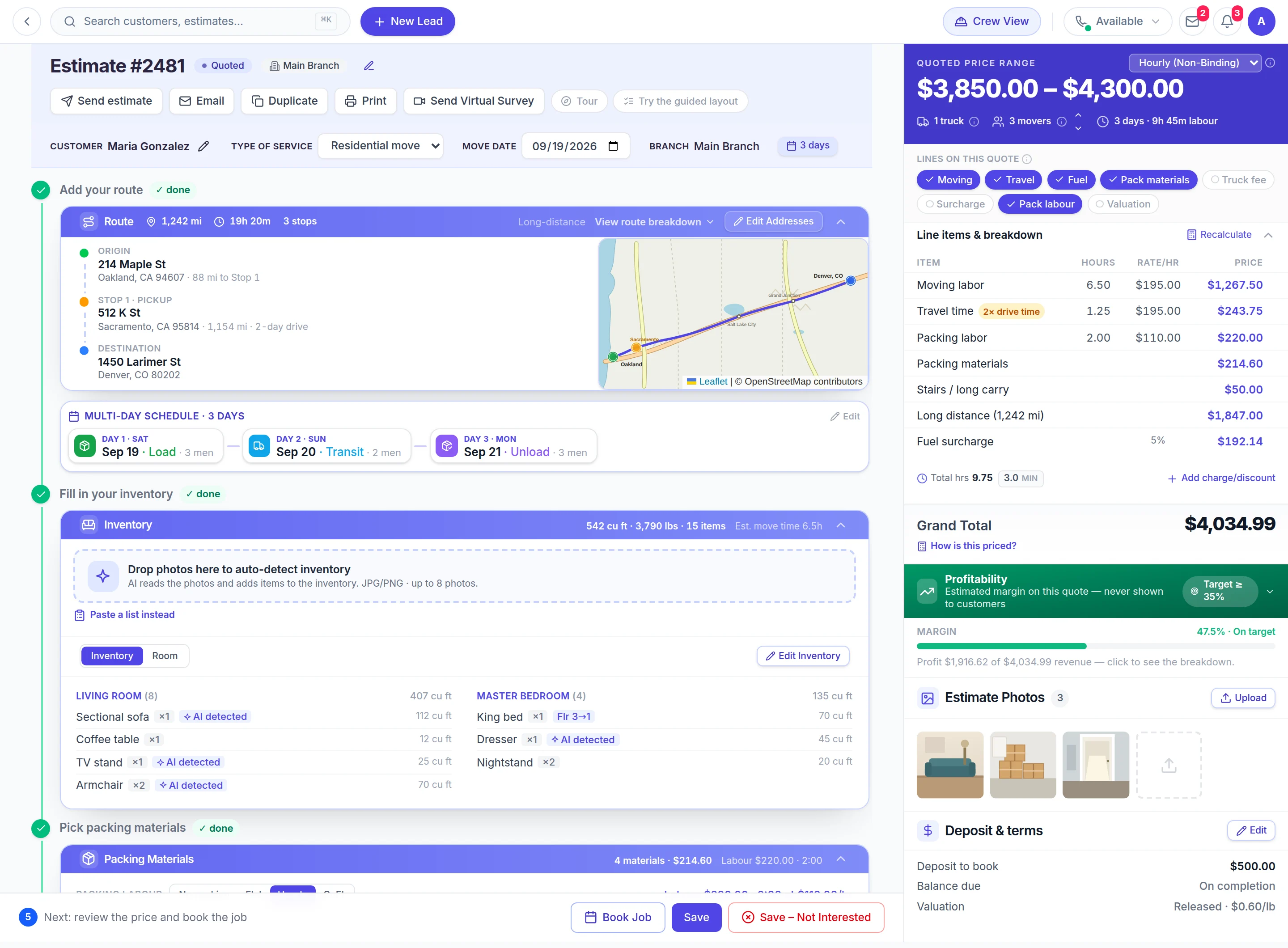 Estimate #2481 — route with map, inventory with AI-detected items, and the priced line-item breakdown