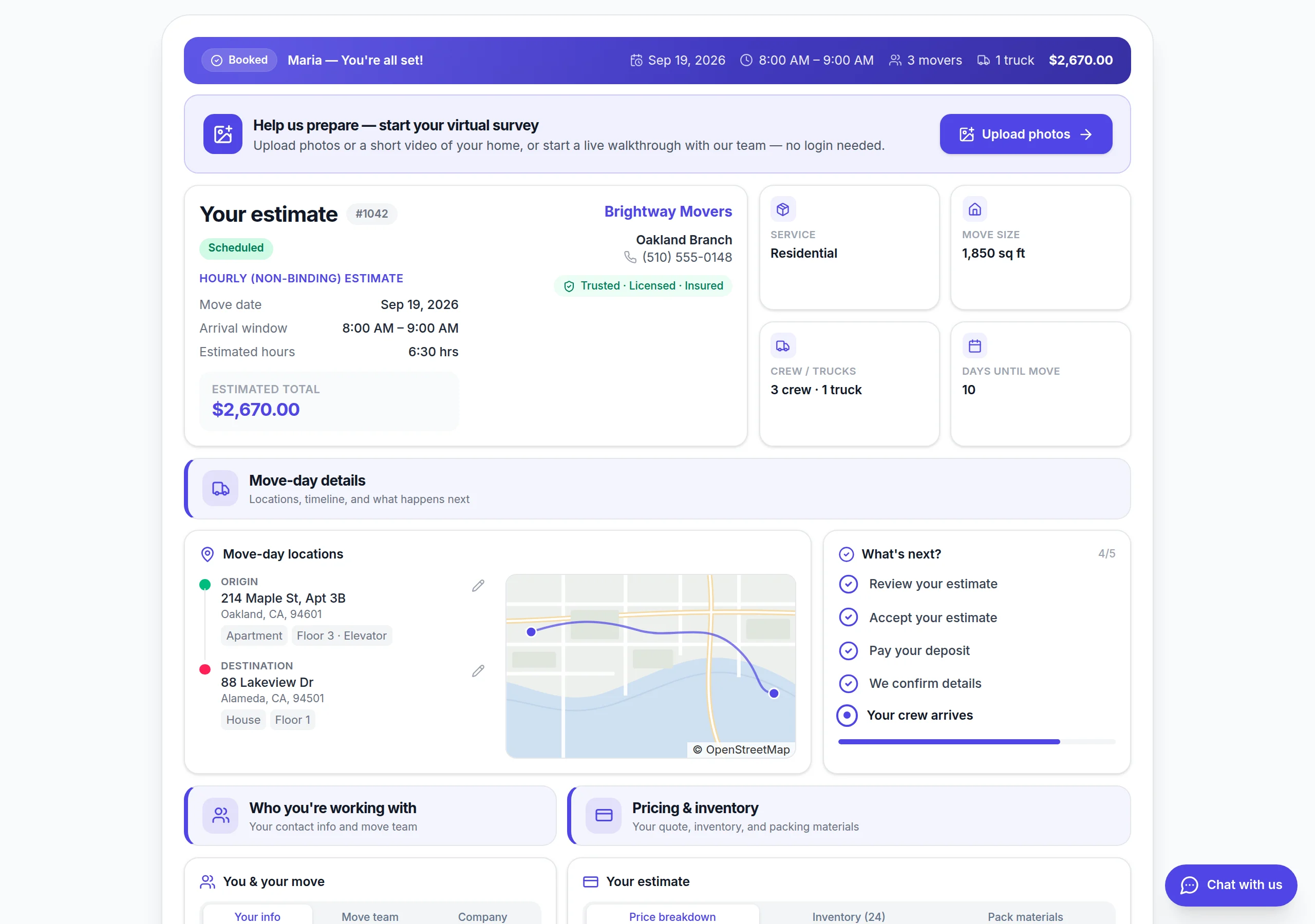 Customer portal — booked estimate, move-day details and what's next, no login needed