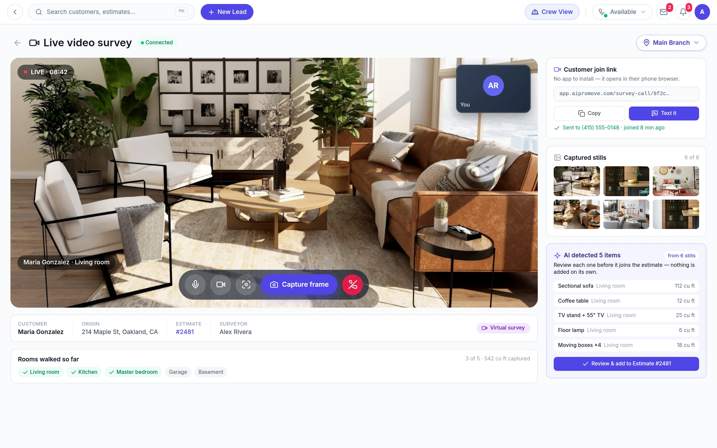 A live video survey — the customer's living room on camera, stills captured off the call, and the AI-detected inventory ready to review